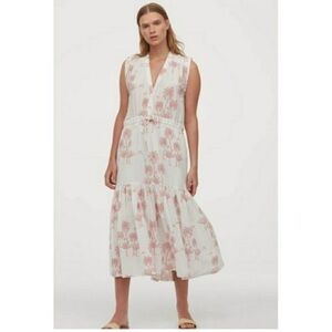 H&M Desmond & Dempsy Palm Tree Tropical Tiered Midi Dress Sleeveless Vacation